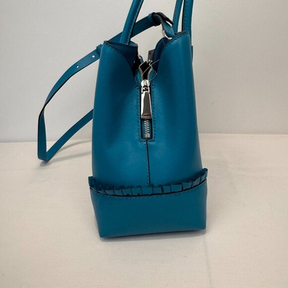 Michael Kors Teal Leather Handbag With Ruffled Accents & Adjustable Strap - Picture 5 of 14